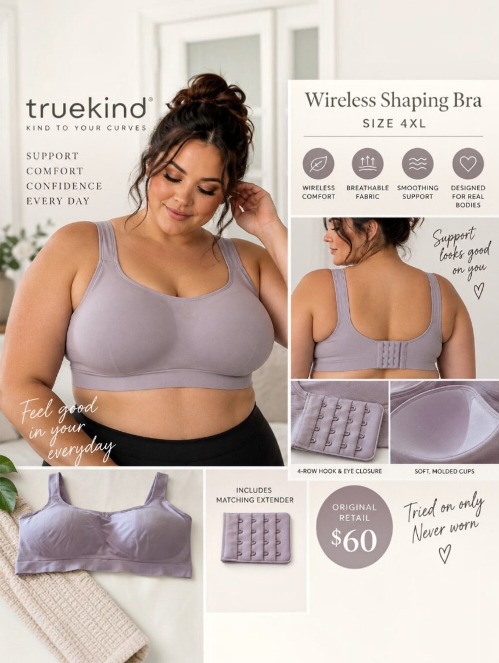 Truekind Supportive Comfort Wireless Shaping Bra – Lavender (4XL)